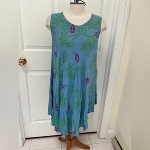 Blue Sleeveless Dress with Green and Purple Nautical Print free size
